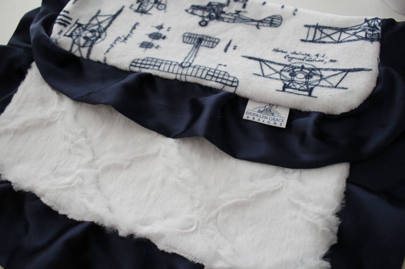 Aviator Blueprint Airplanes LOVIE in Navy and White with White Lattice Minky Finished with Navy Satin Trim Baby Boy, Crib Bedding image 2