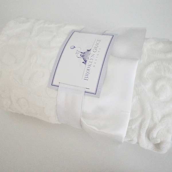 White Embossed Vine with Soft White Satin Ruffle Trim Minky Blanket  - Infants, Toddlers, Kids - Nursery, Crib Bedding