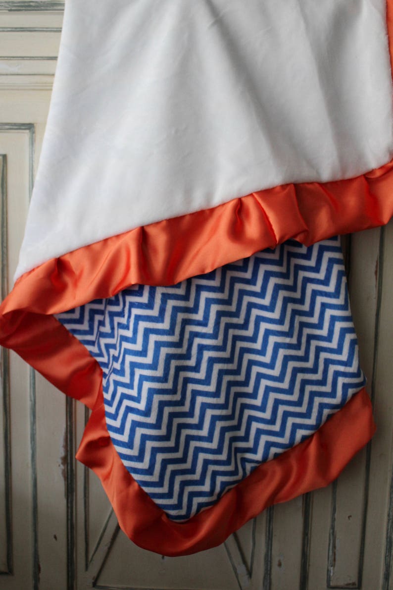 Royal Blue and White Mini Chevron with White Minky Back Blanket, Lovie, Blue Satin Trim, Girls, Boys, Florida Gators Nursery, Crib Bedding image 2