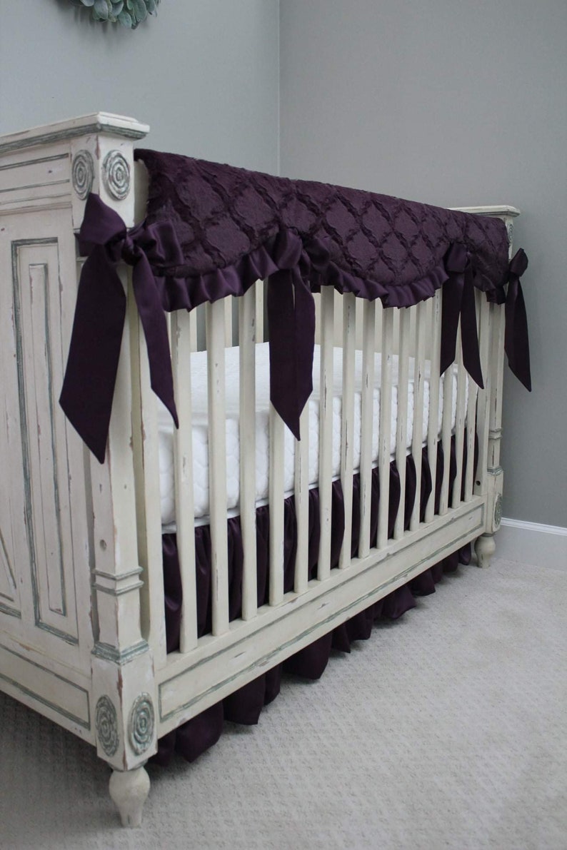 Reversible Rail Guard Cover Peony Floral Minky with Plum lattice Minky Plum Satin Crib Bedding