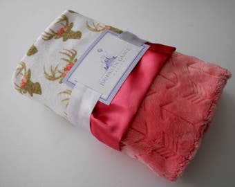 Glitzy Gold Deer and Floral Print with Coral Embossed Arrow Minky Baby Blanket, Coral Satin Trim - Baby Girl, Crib Bedding, Antlers, Lodge