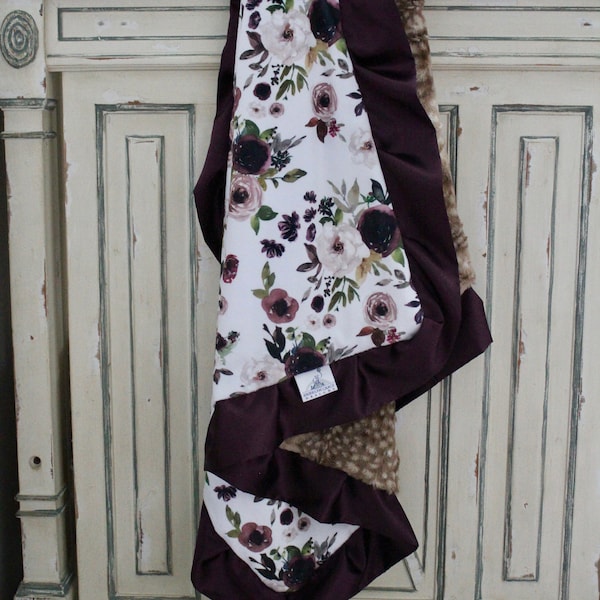 BABY BLANKET, Dusty Plum Floral with Cappuccino Fawn Minky Back and Plum Satin Trim, Girl Purple Nursery