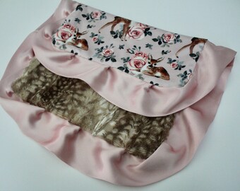 LOVIE Blanket: Fawn Deer Dusty Pink with Vintage Roses paired with Rosewater Fawn Minky, Finished with Rosewater Satin - Nursery Bedding