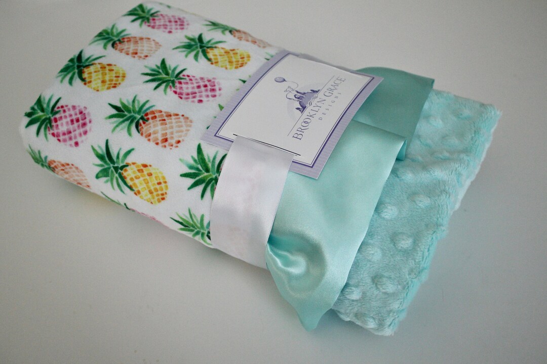 Watercolor Pineapple Tropical Minky Blanket With Saltwater Minky Dot