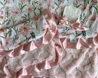 Pink Floral Baby Blanket Girl Minky Blanket Satin Ruffle Blanket Newborn Baby Girl Gift Luxury Baby Blanket Shower Gift Floral Nursery