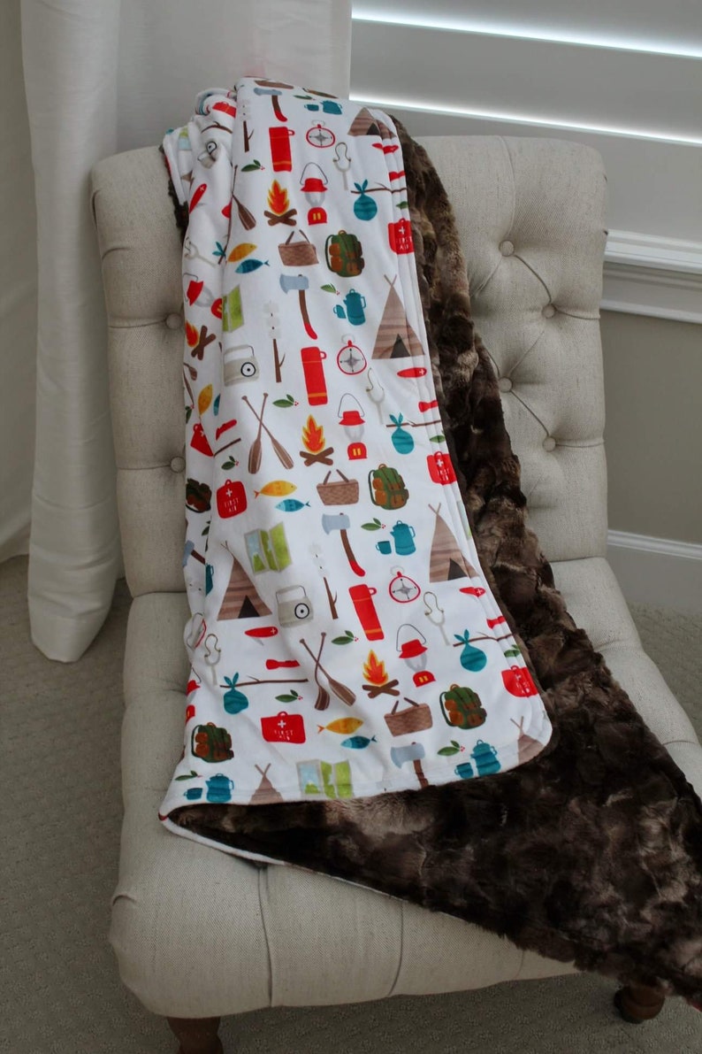 Crib Bedding Boy Scout Camping Hunting Minky Toddler Bed Blanket Comforter with Faux Chocolate Rabbit Faux Fur Minky Backing Boy Bedding