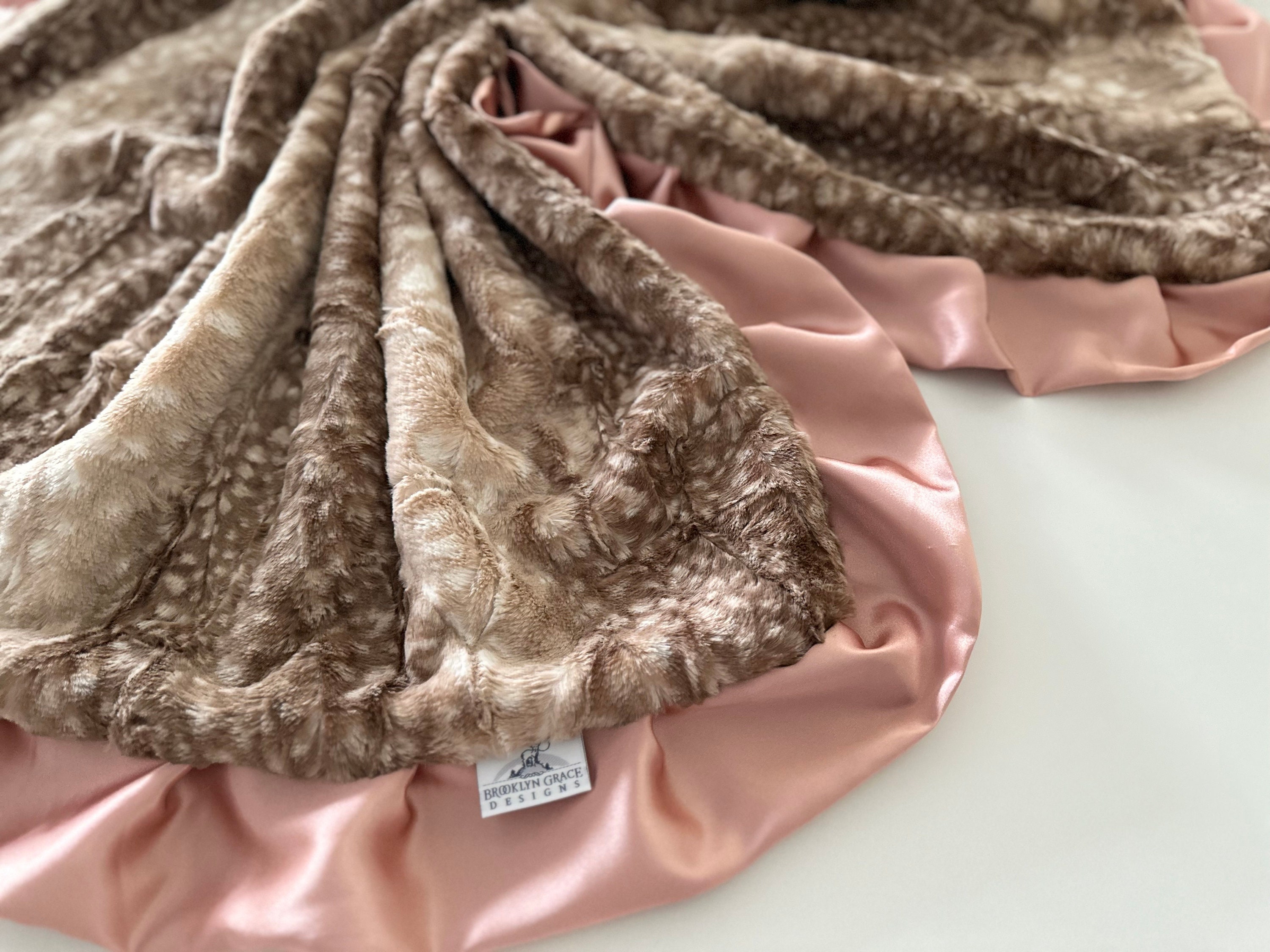 Fawn Deer Minky Baby Blanket: Champagne Beige, Rose Gold Satin Trim