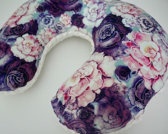 Floral Peony Nursing Pillow Cover: Purple Plum Minky Back
