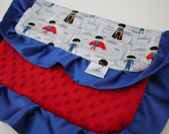 Baby Lovie Blanket Superhero Capes Minky Blanket Mini Security Blanket Red Minky Dot Royal Blue Satin Trim Lovey Baby Boy Superhero Comics