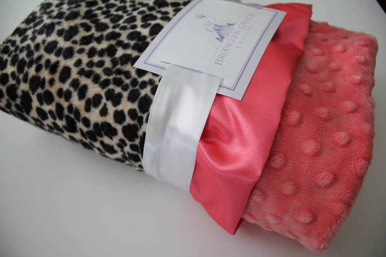 BABY BLANKET: Animal Print, Leopard Cheetah Print with Coral Minky Dot Crib Bedding, Throw, Nursery, Baby Shower, Stroller Blanket image 1