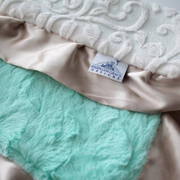 Soft Lovie Blanket Baby Girl Satin Minky Lovey White Embossed Vine Mint Rose Swirl Minky LOVIE Blanket Champagne Gold Satin Trim Baby Shower