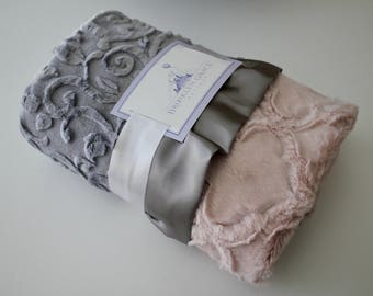 Baby Minky Blanket Pink Gray Embossed Vine with Rosewater Embossed Lattice Plush Blanket Gray Satin Trim Baby Girl Bedding Blanket Nursery