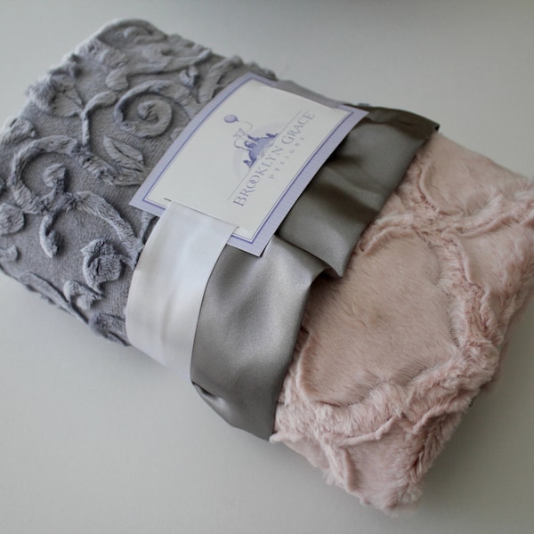 Baby Minky Blanket Pink Gray Embossed Vine with Rosewater Embossed Lattice Plush Blanket Gray Satin Trim Baby Girl Bedding Blanket Nursery