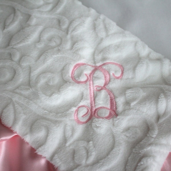 White embossed Vine with Baby Pink Satin Personalized LOVIE with Initial, Baby Girl, Pink Nursery, Baby Shower