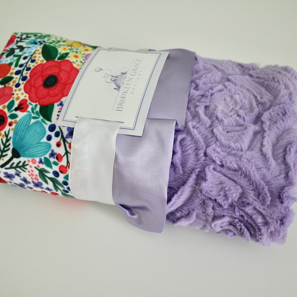 BABY BLANKET: Floral Ladybug Butterfly Garden with Lavender Bellflower Demi Rose Minky Back, Lavender Satin Trim - Crib Bedding, Nursery