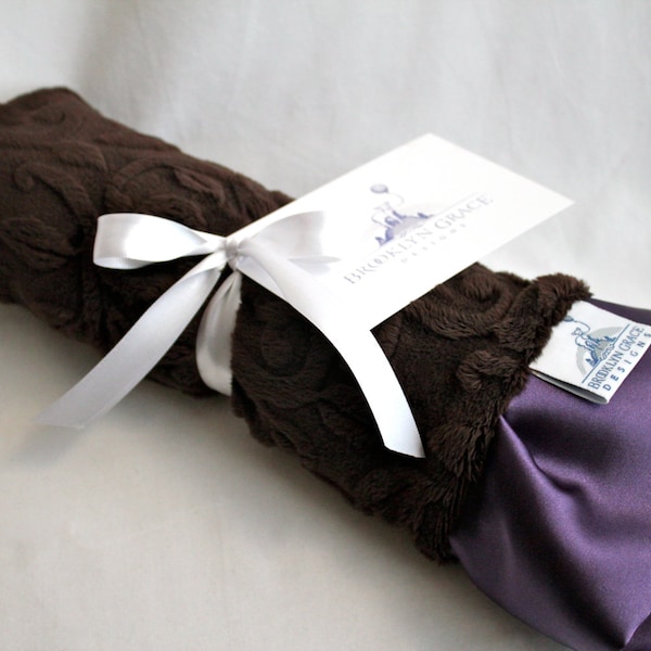 Chocolate Brown Embossed Vine with Purple Satin Trim Mini Minky, Lovie, Lovey Blanket, Girls, Baby Shower, Lavender