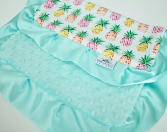 LOVEY Watercolor Pineapple Tropical Minky LOVIE Blanket, Saltwater Minky Dot Back and Satin Trim - Nursery, Crib Bedding, Baby Girl