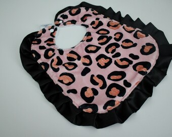 Pink Leopard Minky Baby Bib: Rose Gold, Black Satin Trim
