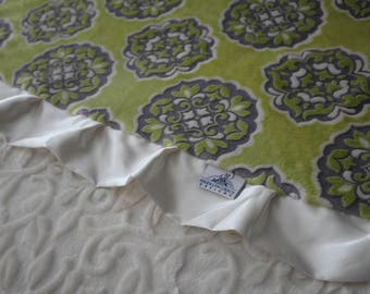 Mar Bella Barcelona in Olivia - Citron Yellow, Lime, Gray and Ivory Minky Medallion Print with Ivory Embossed Vine, Nursery, Crib Bedding