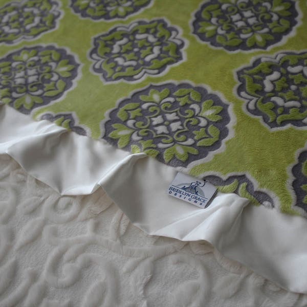 Mar Bella Barcelona in Olivia - Citron Yellow, Lime, Gray and Ivory Minky Medallion Print with Ivory Embossed Vine, Nursery, Crib Bedding