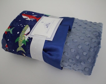 BABY BLANKET: Sharkies Deep Ocean Blue with Denim Minky Dot Blanket, Satin Trim, Baby Boy, Baby Shower, Nursery, Crib Bedding, Shark