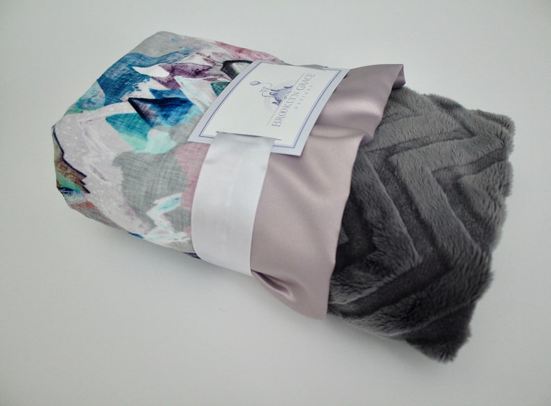 Call of the Mountains Gray Minky Blanket Baby Shower Pink Dawn Satin Aqua Lavender Nursery Peaks and Valleys Plum Crib Bedding