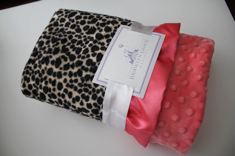 BABY BLANKET: Animal Print, Leopard Cheetah Print with Coral Minky Dot Crib Bedding, Throw, Nursery, Baby Shower, Stroller Blanket image 2