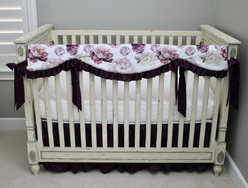 Reversible Rail Guard Cover Peony Floral Minky with Plum lattice Minky Plum Satin Crib Bedding