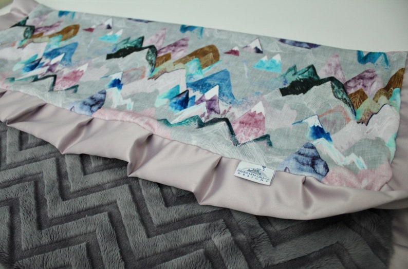 Call of the Mountains Gray Minky Blanket Baby Shower Pink Dawn Satin Aqua Lavender Nursery Peaks and Valleys Plum Crib Bedding