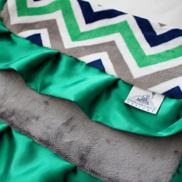 LOVIE:  Blanket in Kelly Green, Navy and White Chevron Minky, Boy or Girl, Gray Cuddle, Nautical, Green Satin, Embroidery, Personalization