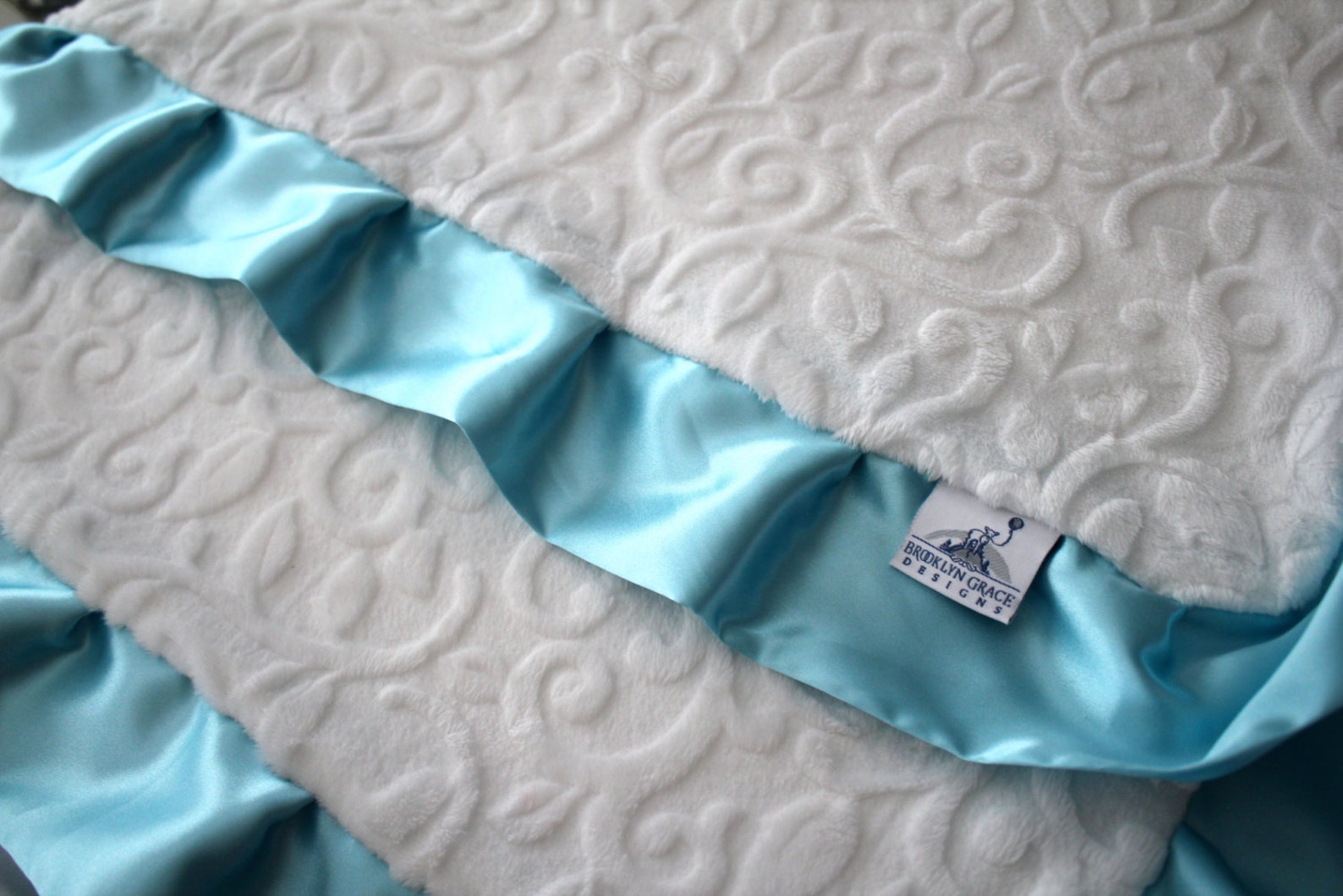 Minky Vine Embossed Baby Blanket in White With Ocean Blue Etsy