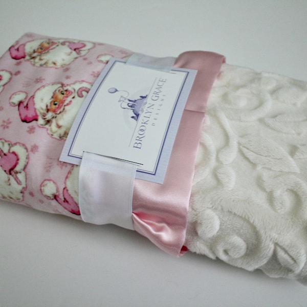 Baby Gift for Christmas Santa Christmas White Embossed Vine Minky Baby Pink Satin Trim Blanket Baby girl Baby Shower Christmas Baby Gift