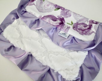 Lavender Floral Watercolor Minky Lovie Blanket: Satin Trim