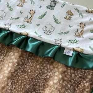 Safari Zoo Animals Baby Blanket: Plush Minky, Emerald Green Trim