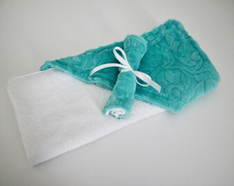Baby, Infant Hooded Towel, Aqua Marina Blue, Embossed Vine Minky Hood, 100% Cotton Terrycloth