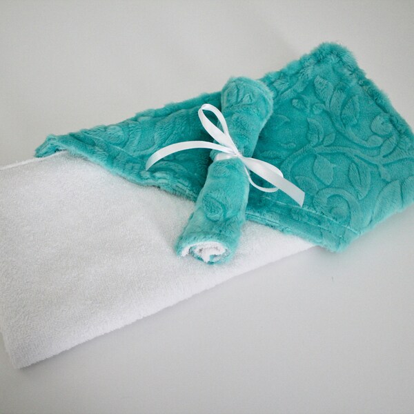 Baby, Infant Hooded Towel, Aqua Marina Blue, Embossed Vine Minky Hood, 100% Cotton Terrycloth