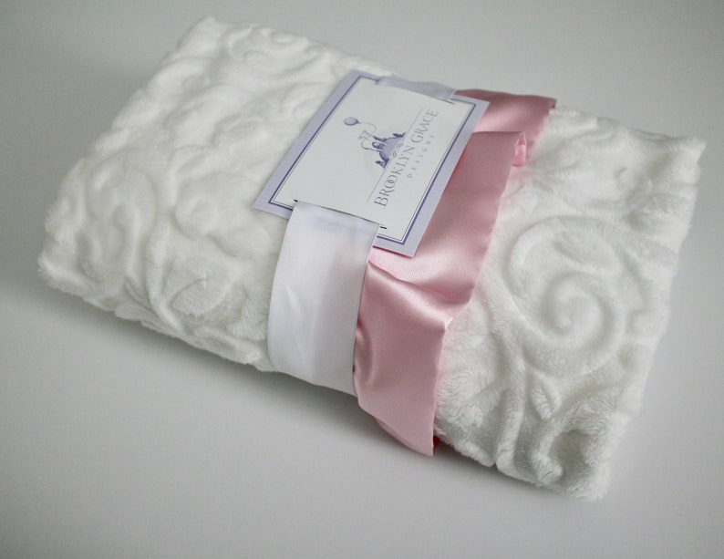 Minky Vine Embossed Baby Blanket in White with Light Pink Satin Trim Baby Girl Crib Bedding Infant and Toddler