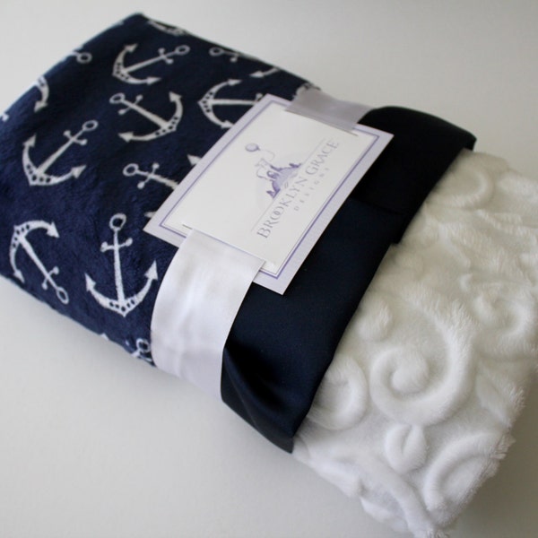 Navy and White Anchors with White Embossed Vine Minky and Coordinating Navy Satin Trim - Baby Blanket - Nautical, Girl, Crib Bedding