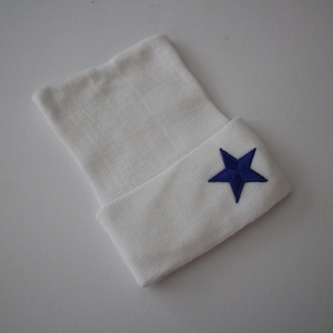 Newborn Hat Baby Hospital Keepsake Hat A Star is Born White Cotton Beanie Hospital Hat Baby Girl Boy Baby Photoshoot Blue or Silver Star image 1