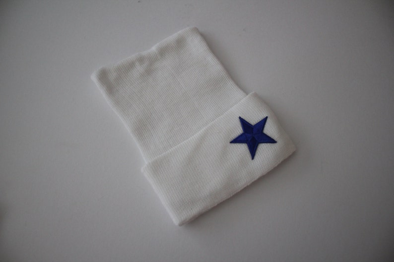 Newborn Hat Baby Hospital Keepsake Hat A Star is Born White Cotton Beanie Hospital Hat Baby Girl Boy Baby Photoshoot Blue or Silver Star image 1