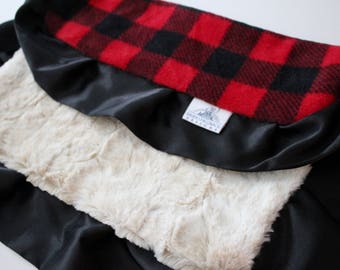 LOVEY: Buffalo check with Rabbit Fur Minky Back and Black Satin Trim LOVIE Blanket, Baby Boy, Baby Shower, Red and Black, Flannel, Plaid