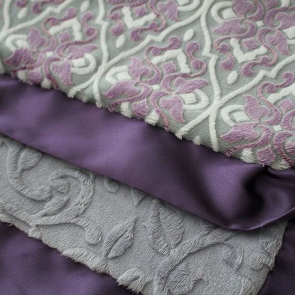 LOVEY Blanket Purple Gray MarBella Cuddle Violeta Purple with Soft Gray Embossed Vine and Purple Satin Minky Lovie Blanket, Baby Girl