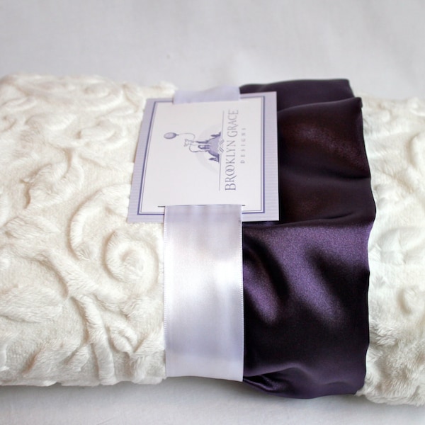 BABY BLANKET: White Embossed Vine Baby Minky Blanket in White with Purple Satin Trim - Baby Girl, Crib Bedding, Infant and Toddler, Lavender