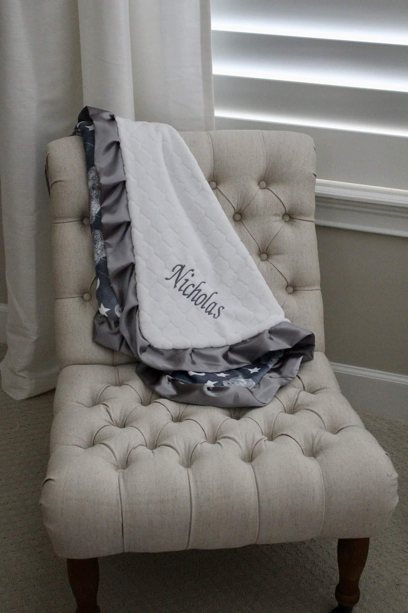 Gender Neutral Dark Gray Satin Trim Crib Bedding Star Nursery Moon Gray and White Minky with White Tile or Silver Hide Minky Cloud