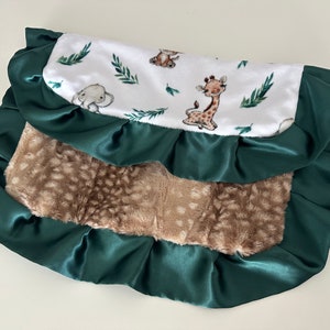 Safari Jungle Animals Baby Lovie Blanket: Minky Fawn, Emerald Satin Trim