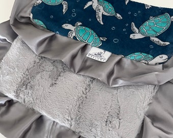 Sea Turtle Minky Lovie Blanket: Navy, Aqua & Silver