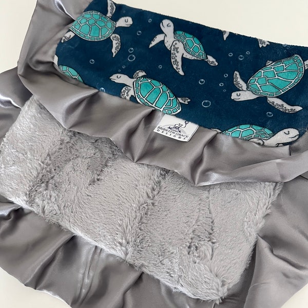 Sea Turtle Under the Sea Lovie Blanket Navy Gray Aqua Minky Silver Minky Back and Gray Satin LOVEY Blanket - Baby Shower, Ocean, Sea, Beach