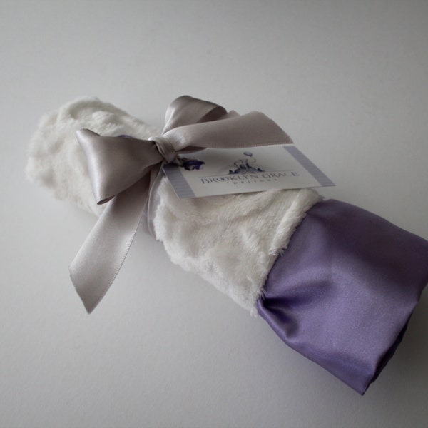 White Embossed Vine Mini Minky Blanket Finished with an Elegant and Soft Lavender Satin Ruffle Trim - Purple,  Lovey, Lovie, Baby Blanket