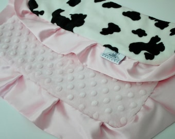 Cow Print Minky Lovie Blanket: Pink Satin Trim, Baby Blanket