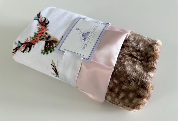 Fawn Deer Floral Baby Blanket: Plush Minky with Satin Trim